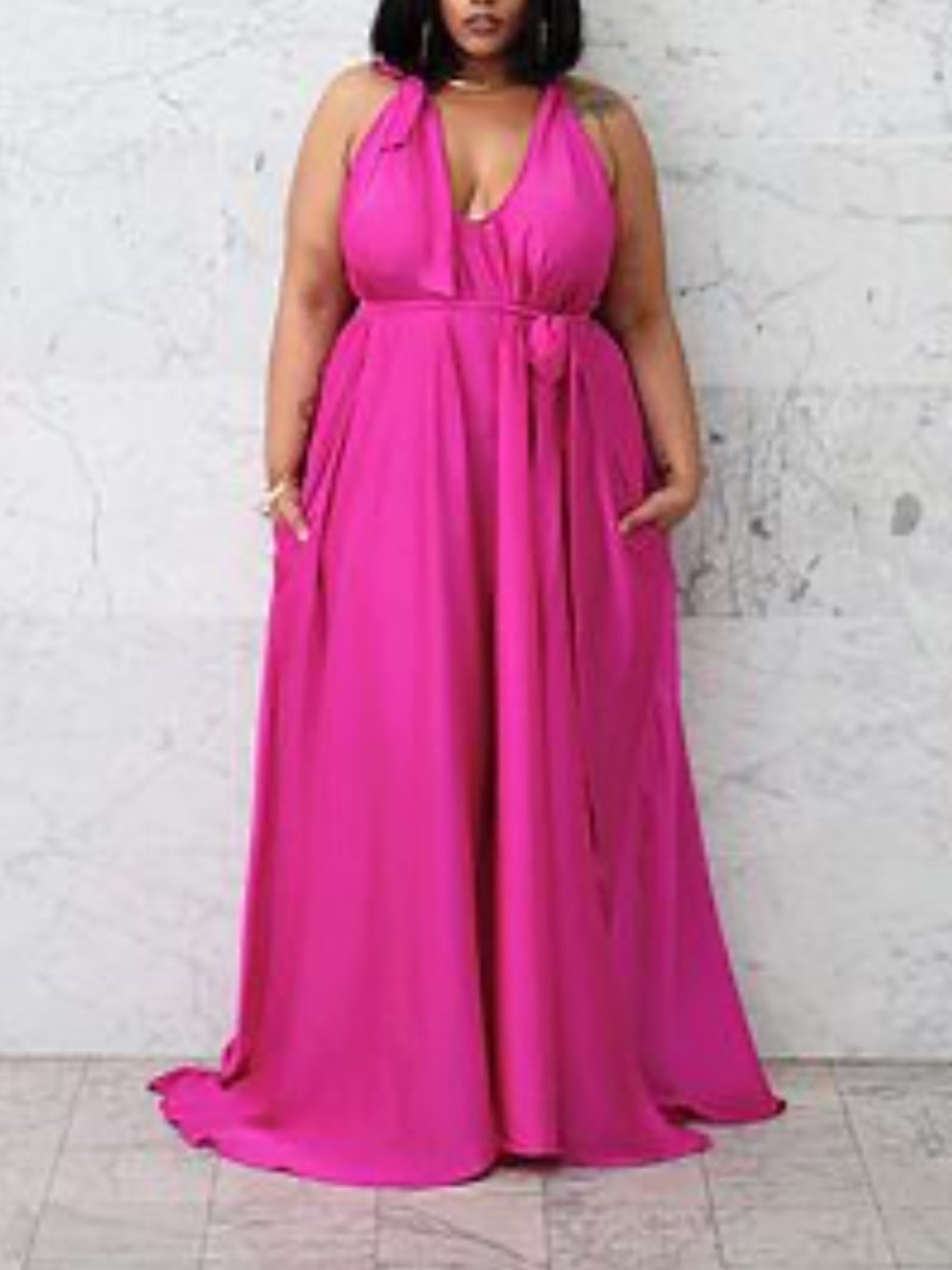 Zelie for She Fuchsia Halter Neck Maxi Dress - Open sizing & Comes with Belt tie